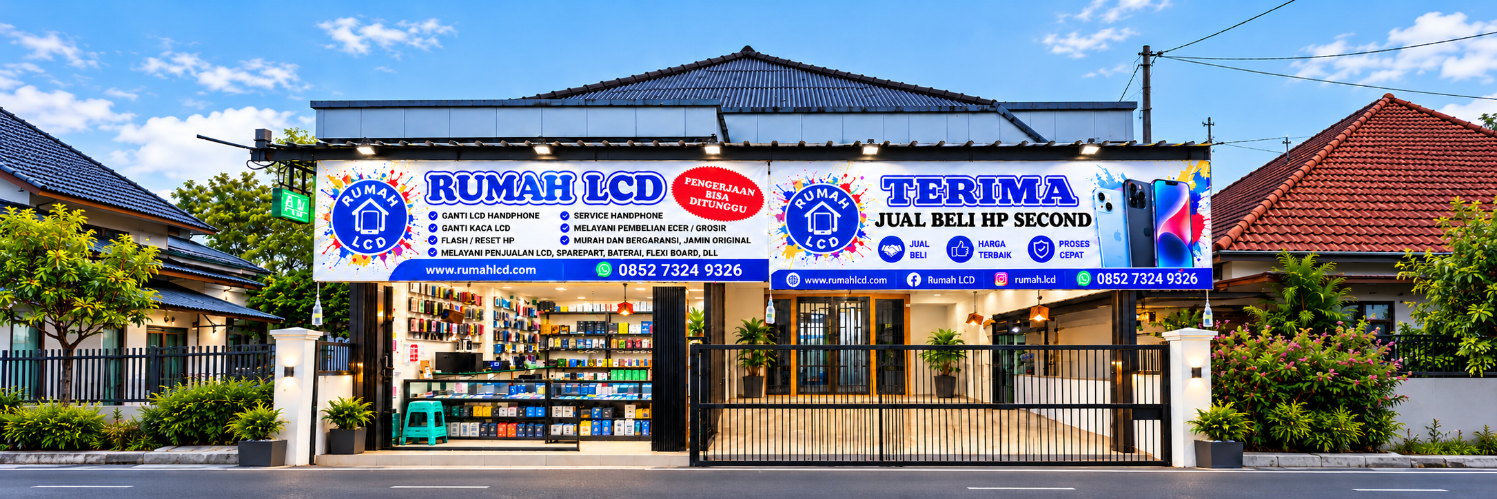 Tampak depan Rumah LCD dengan etalase stok aksesori HP
